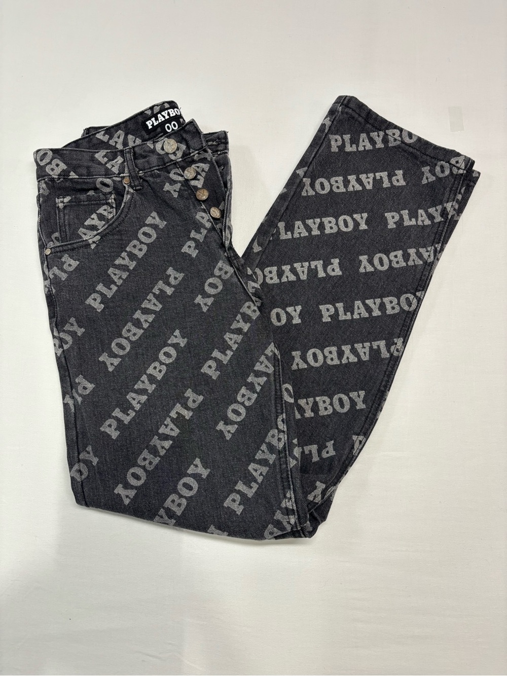 Playboy All Over Logo Print High Rise Button Fly Jeans Size 00 Y2K grunge 407